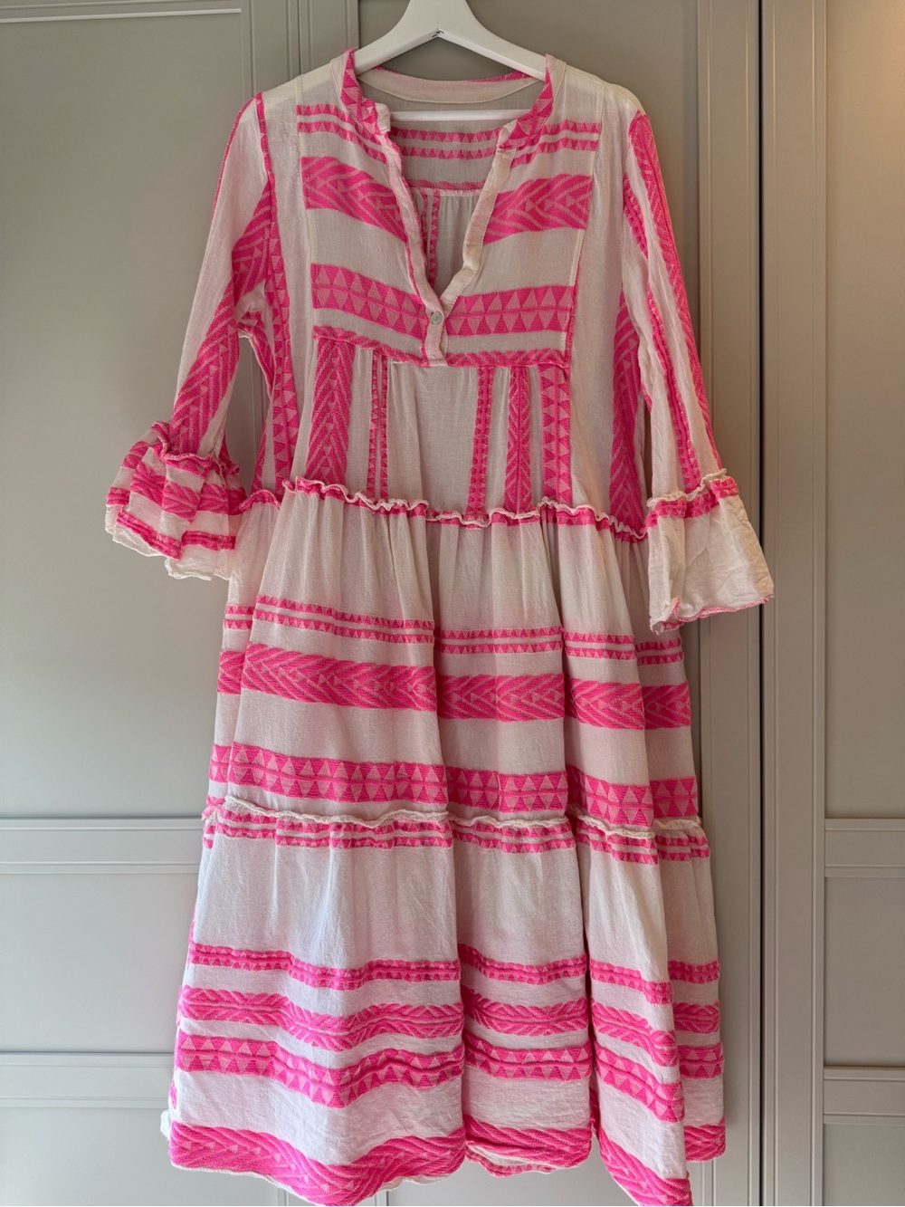 Cotton Tiered Dress in Pink & White